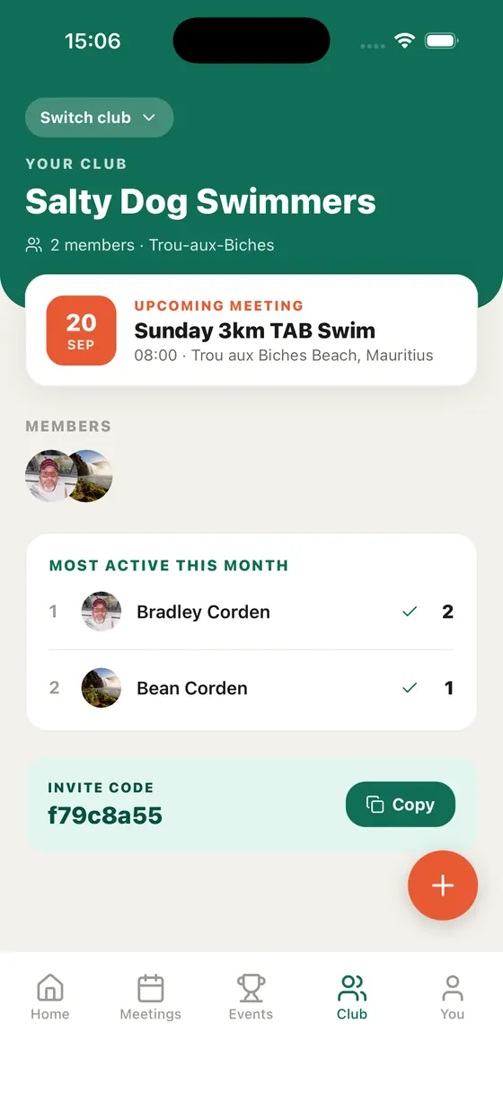 Movari club screen showing member list, a monthly leaderboard and an invite code
