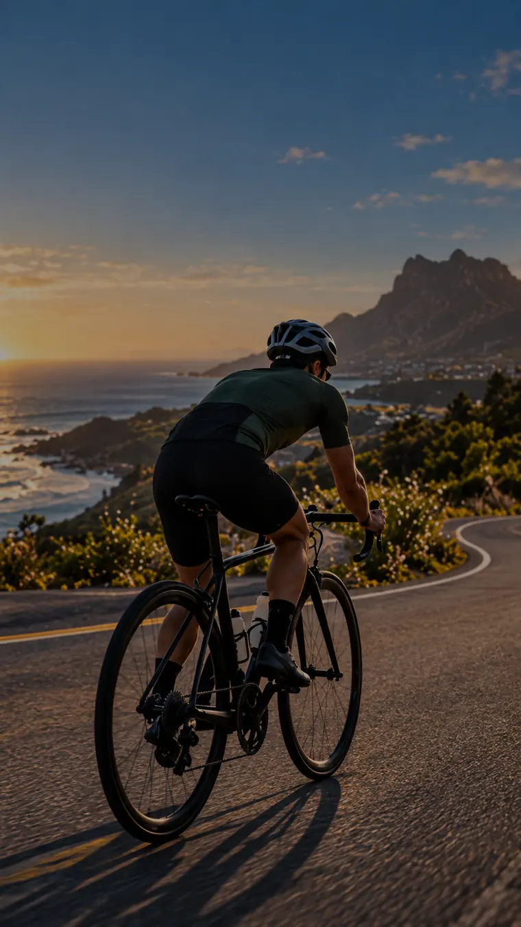 Road cyclist riding along a coastal road at sunset