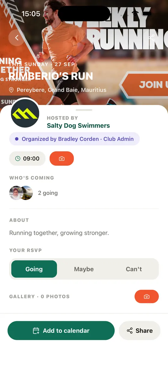 Movari event screen for a running meetup with Going, Maybe and Can't RSVP options