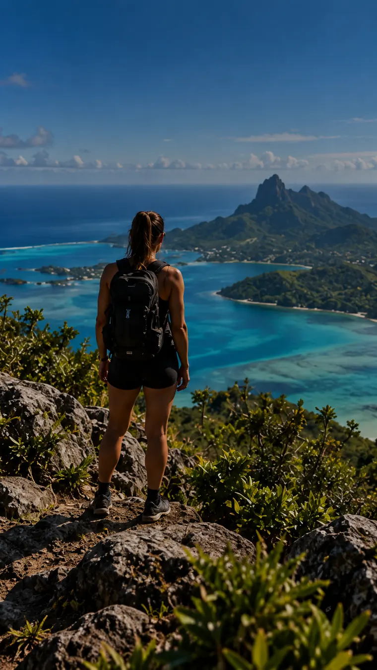 Hiker looking out over a bay from a mountain trail