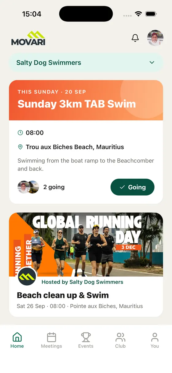 Movari home screen showing an upcoming Sunday swim meetup