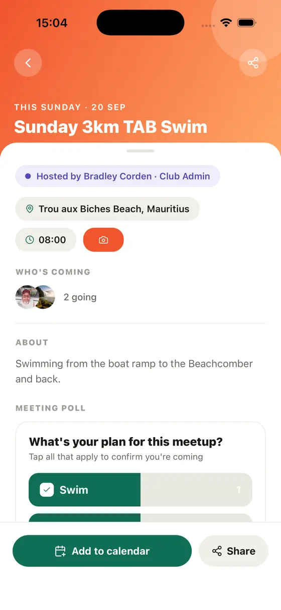 Movari meeting poll screen, confirming plans for a swim meetup