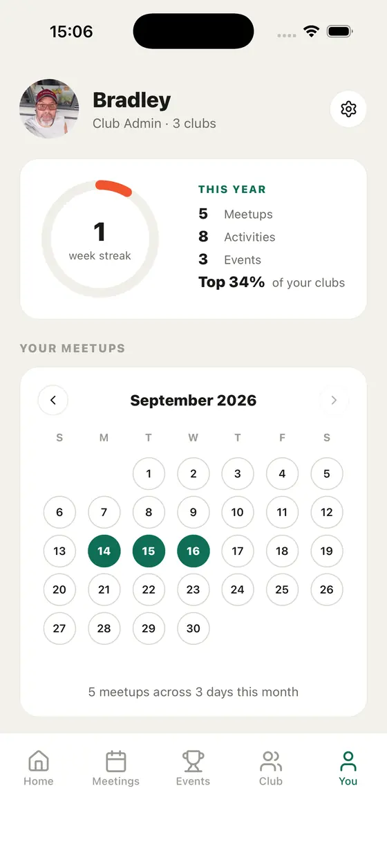 Movari personal profile screen with a week streak, yearly stats and a meetup calendar