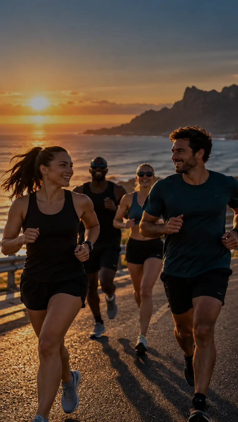 A club running together along the coast at sunset