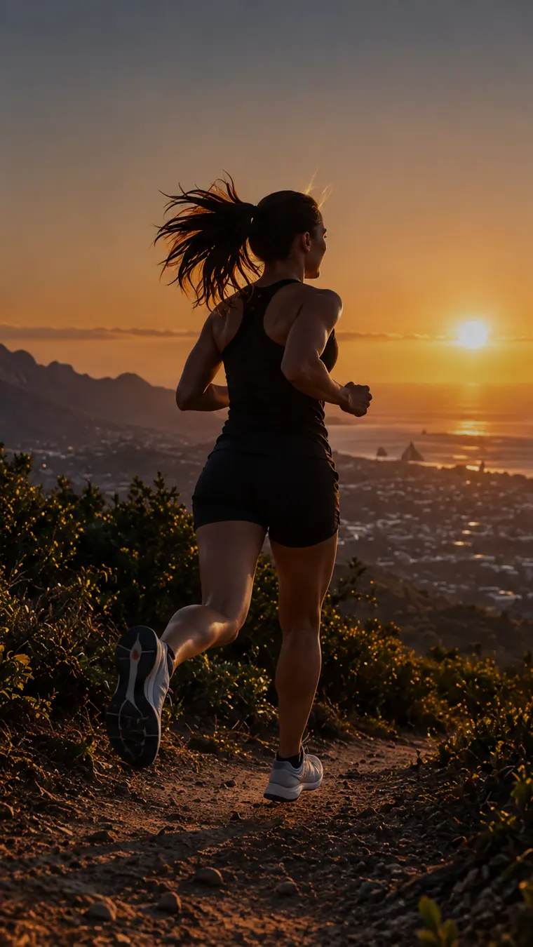 A trail runner heading out at sunrise above the coastline