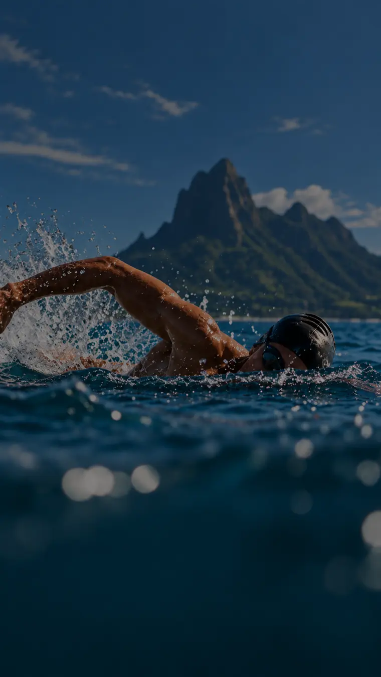 Open water swimmer with a mountain backdrop